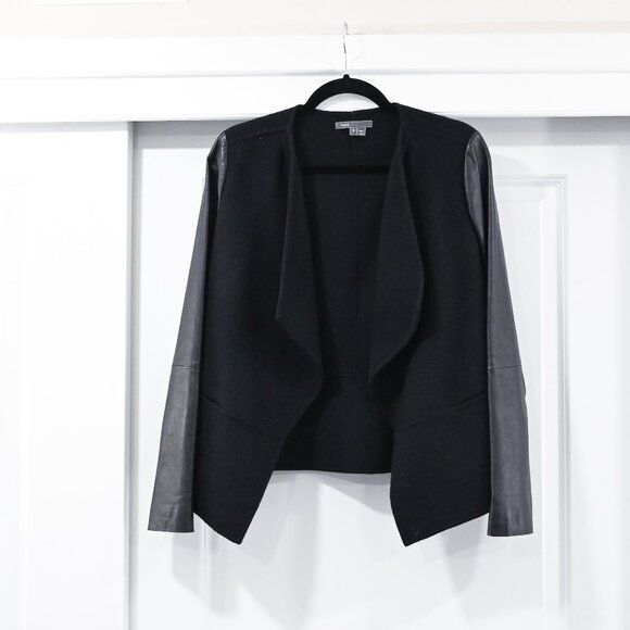 Vince Size Small Worsted Wool Drape Front Jacket with Leather Sleeves - Picture 1 of 8